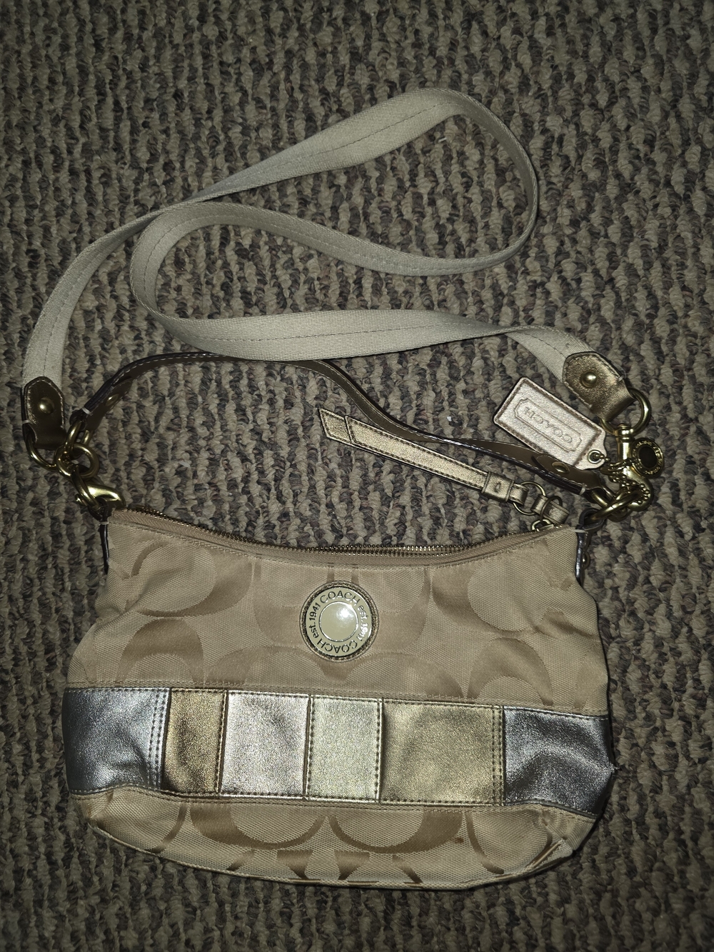 Y2k Coach Beige Signature Crossbody with Metallic Paneling